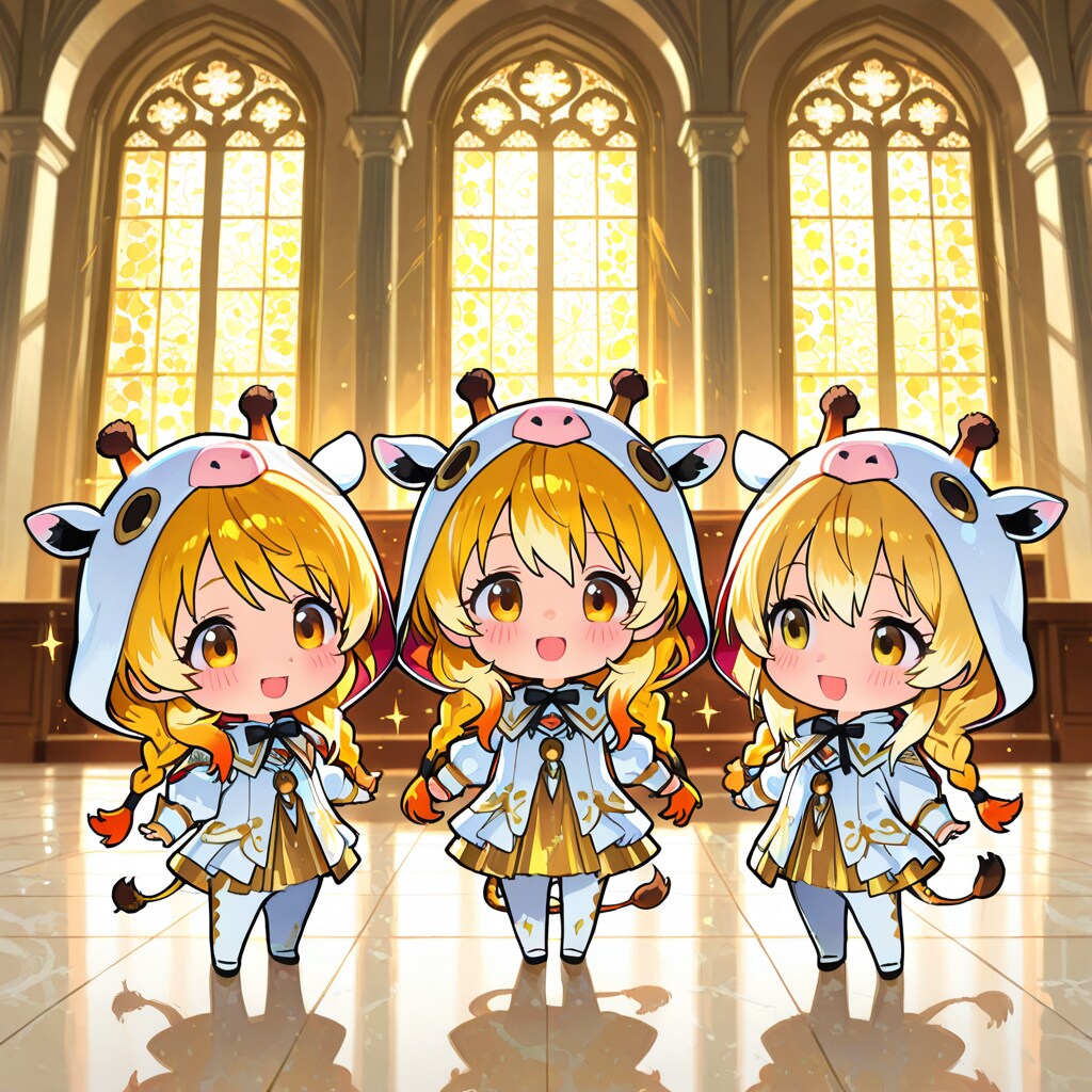 大聖堂の大きな窓とキリン着ぐるみちび子ちゃん