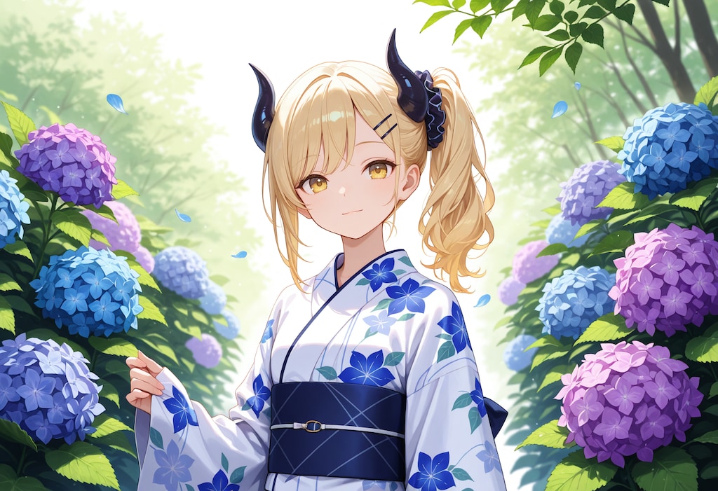 紫陽花と浴衣と女鬼高生さん