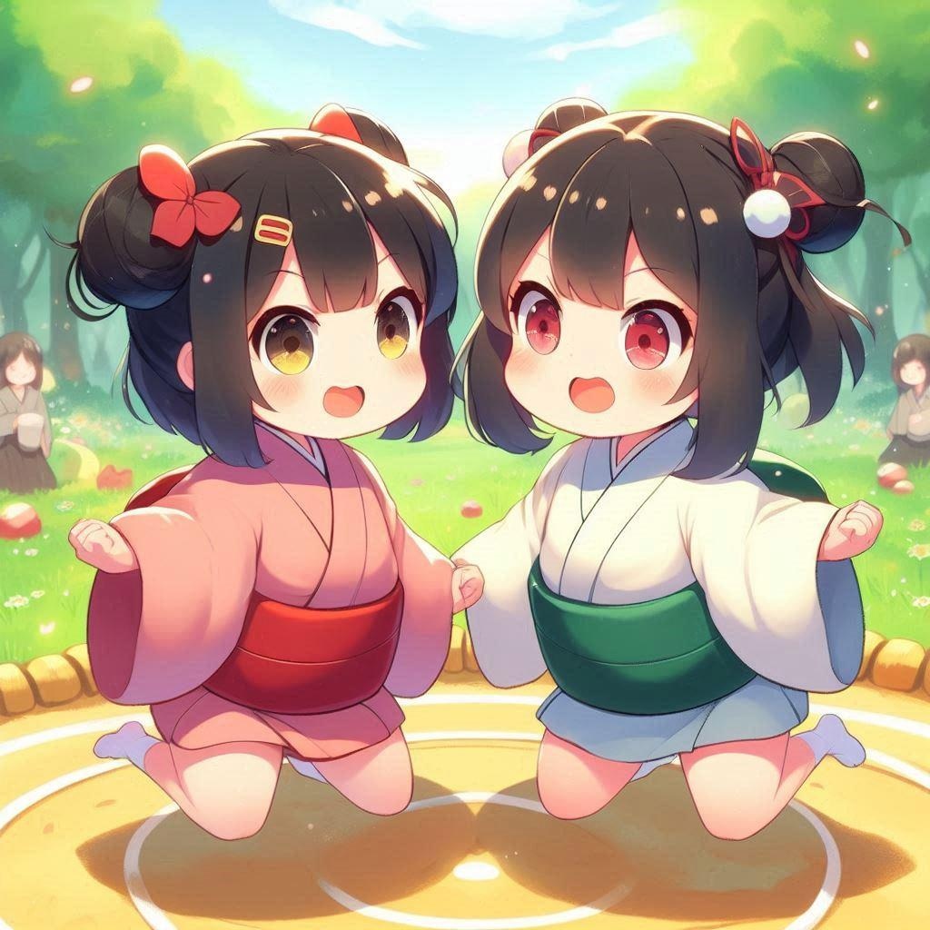 公園で相撲して遊ぶ小さな女の子たち