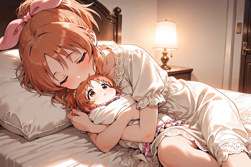 ベッドで赤ちゃんを抱く菜々さん