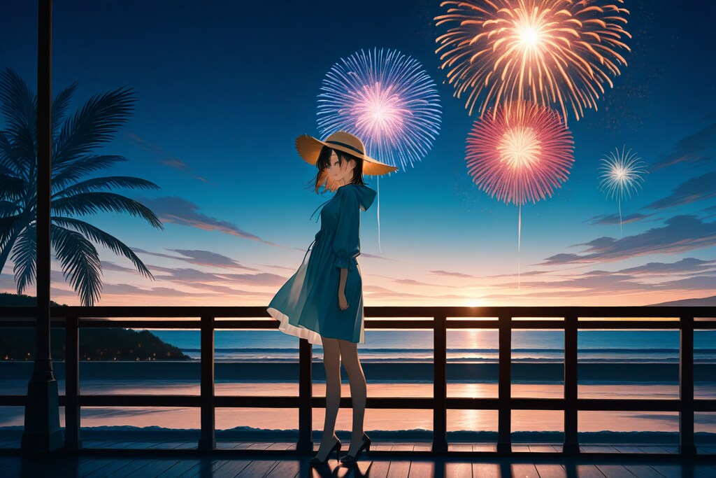 切り絵風夜の花火大会