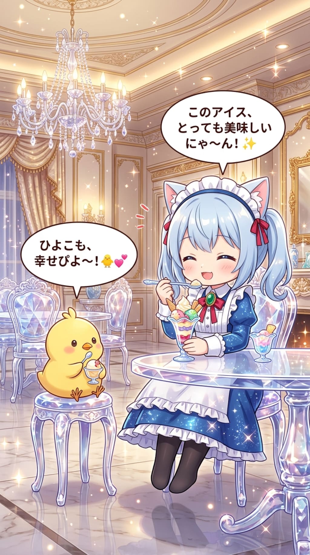 アイスを食べるにゃ〜ん　猫耳ちゃんとひよこ