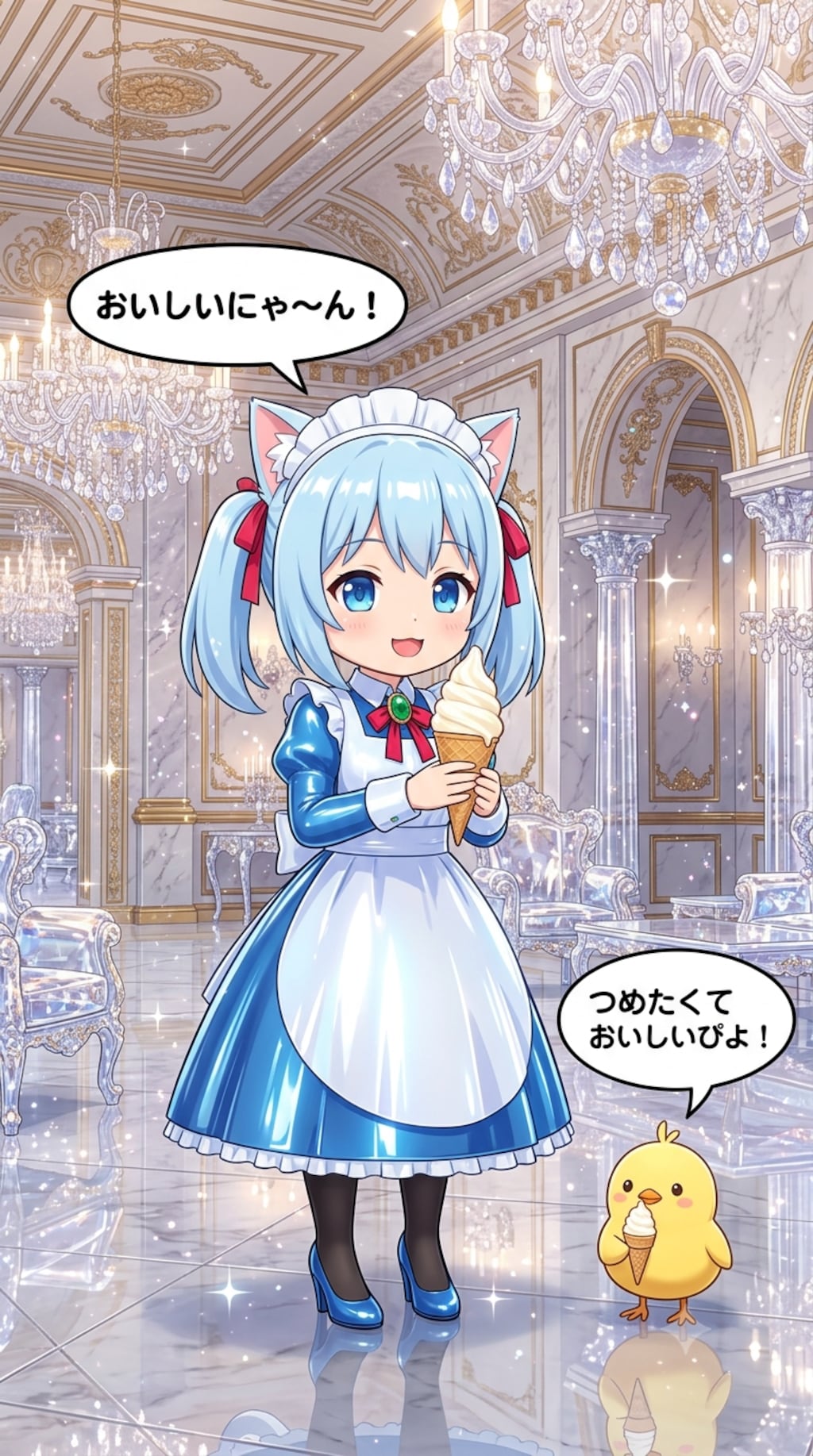 アイスを食べるにゃ〜ん　猫耳ちゃんとひよこ
