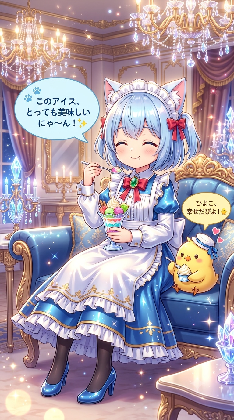 アイスを食べるにゃ〜ん　猫耳ちゃんとひよこ