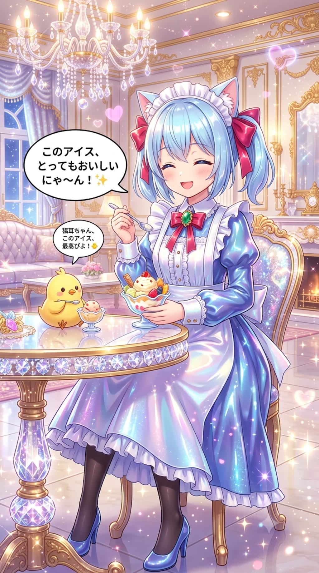 アイスを食べるにゃ〜ん　猫耳ちゃんとひよこ