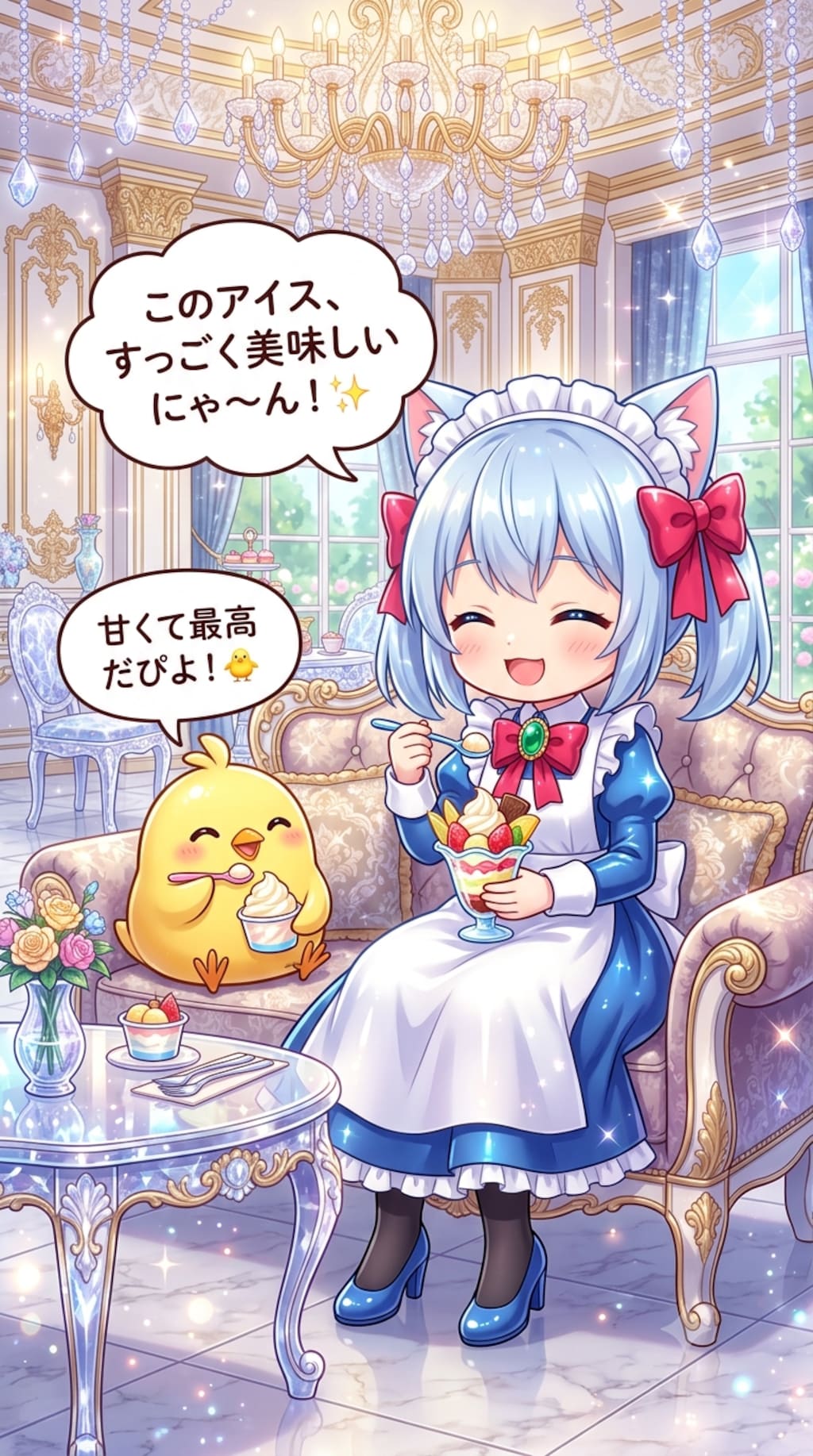 アイスを食べるにゃ〜ん　猫耳ちゃんとひよこ