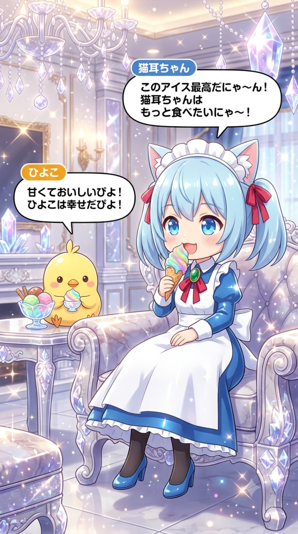 アイスを食べるにゃ〜ん　猫耳ちゃんとひよこ