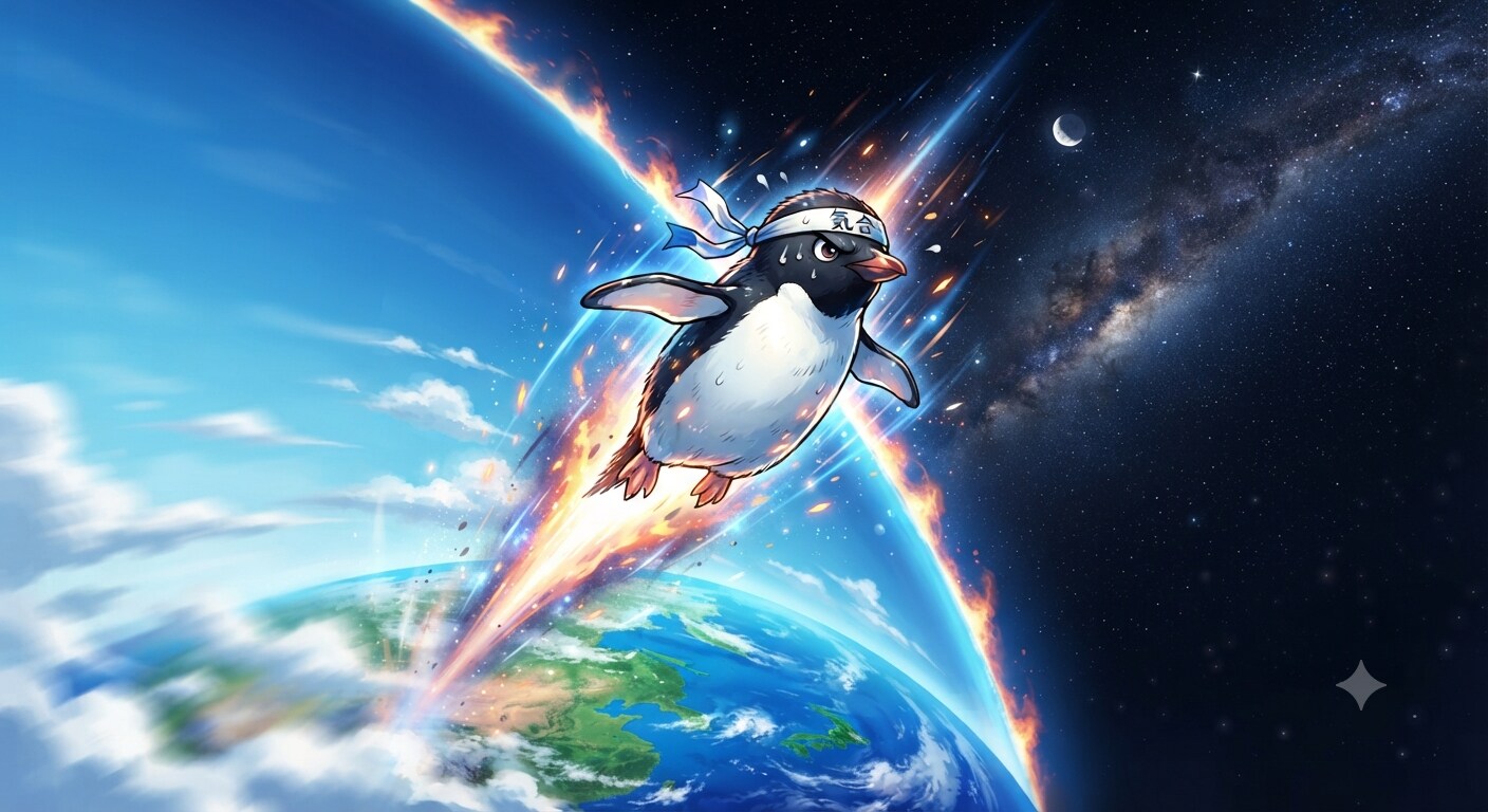 気合でジャンプで大気圏突破するペンギン