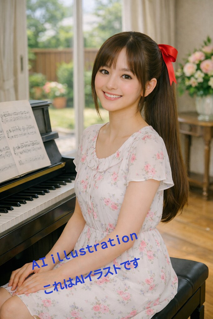 初恋のポニーテール美少女は、ピアノが弾ける。   幼い頃、家で奏でられた静かな音を三姉妹でいちばん長く聴いてきたのは、長女の彼女だろう。   明るい笑顔の奥に、彼女らしい気品がそっと息づいている。 | の人気AIイラスト・グラビア