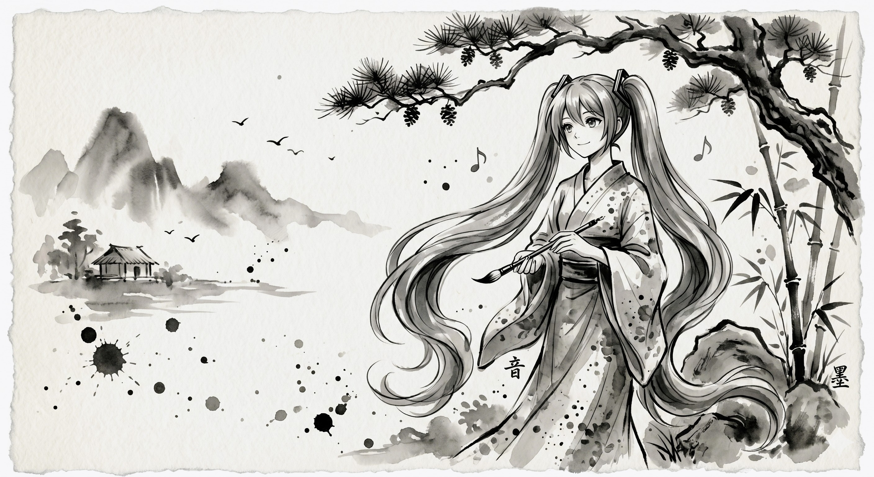 水墨画 ミクさん