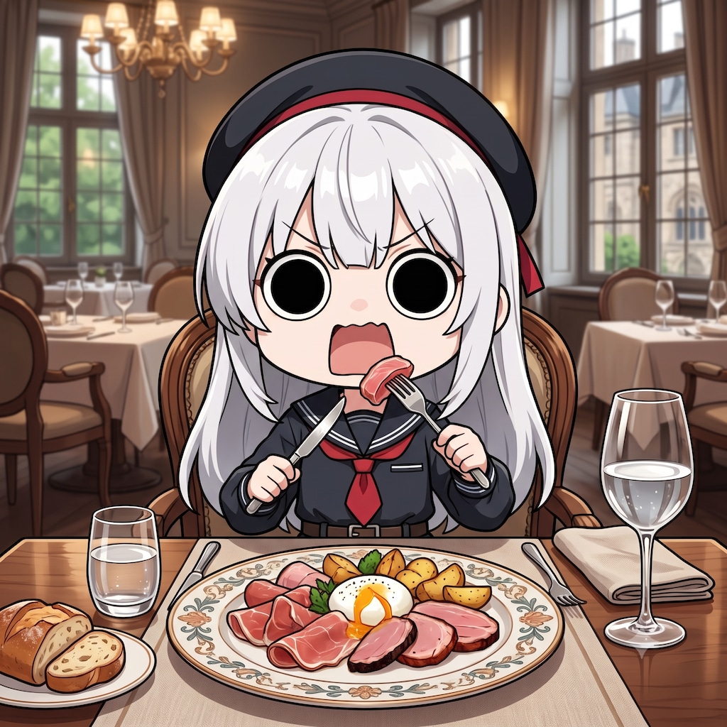 ハム料理を頂くえらいこっちゃ嬢