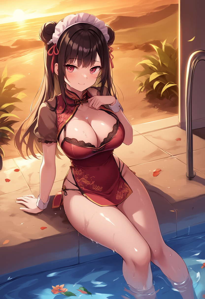 チャイナドレスでプールサイド