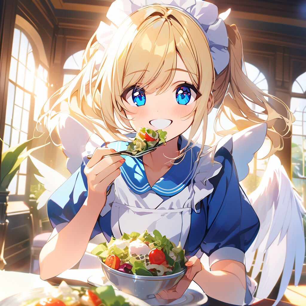 サラダ食べ金髪天使メイドさん