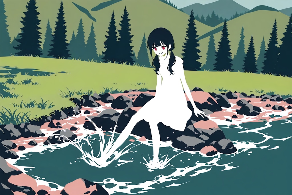小川のほとりで休憩