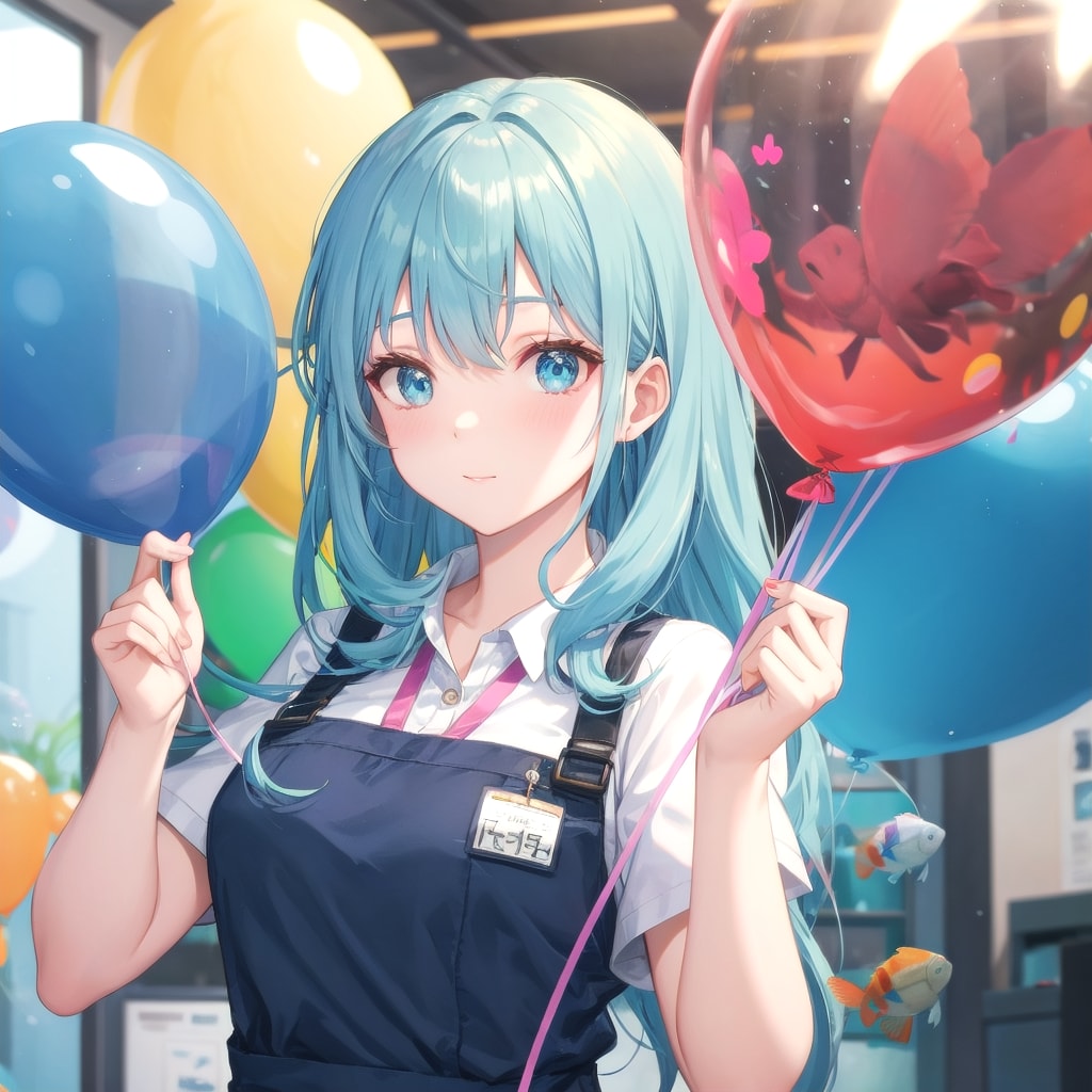 いっぱい風船を持つ水色髪ロングの水族館の美女職員さん