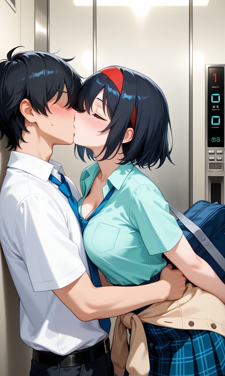 我慢できずにエレベーターの中で幼馴染とじゃれ合う | の人気AIイラスト・グラビア