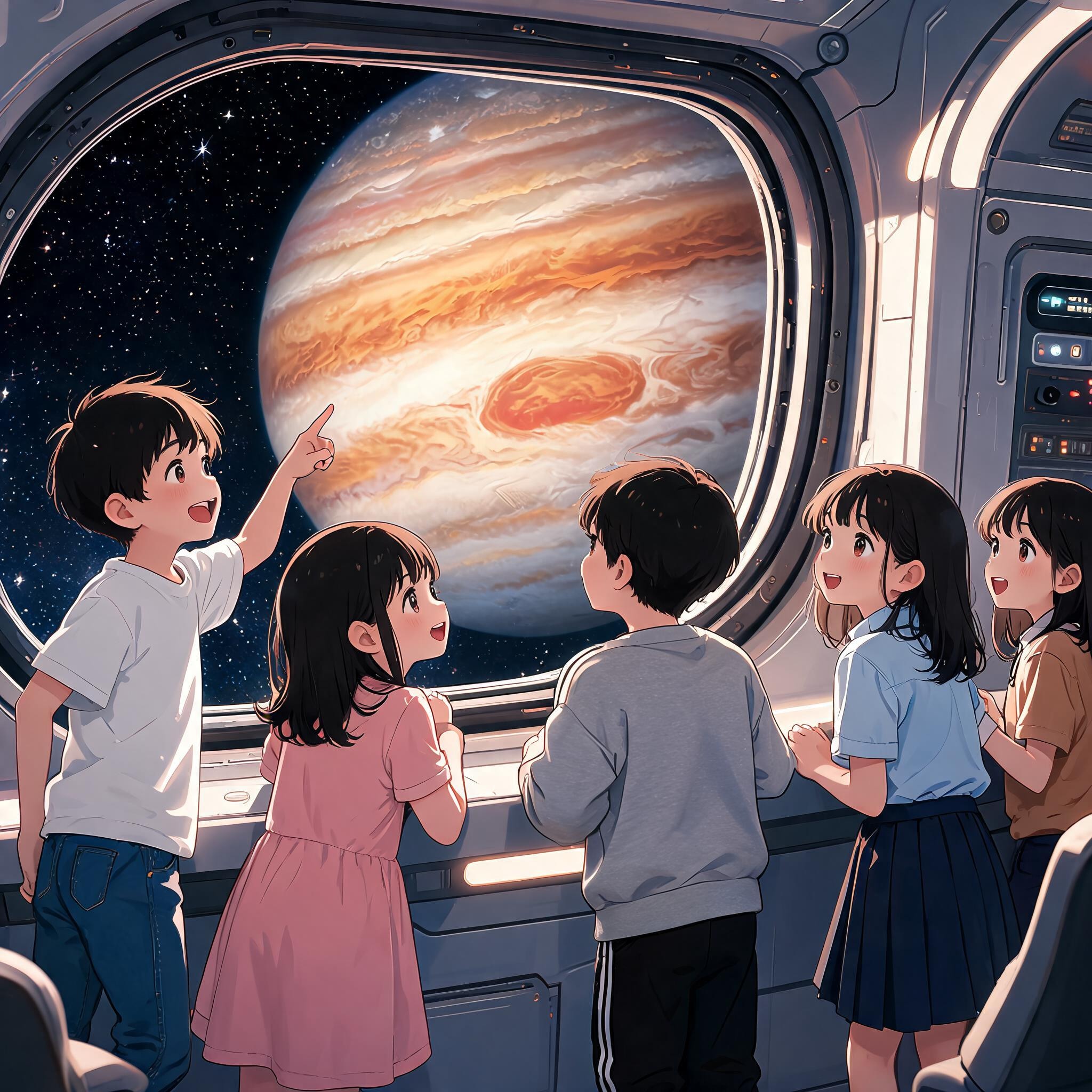 子供達だけの楽しい 宇宙旅行 旅行先は木星を周回する。 子供達は美しい宇宙空間と星々と巨大な木星を眺めて 皆喜び感動している。 | の人気AIイラスト・グラビア