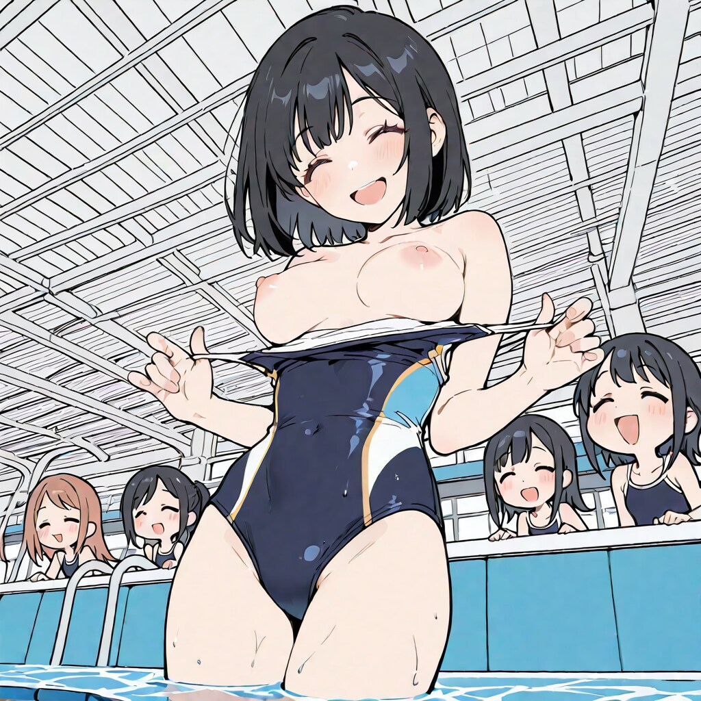 プールサイドで着替え中