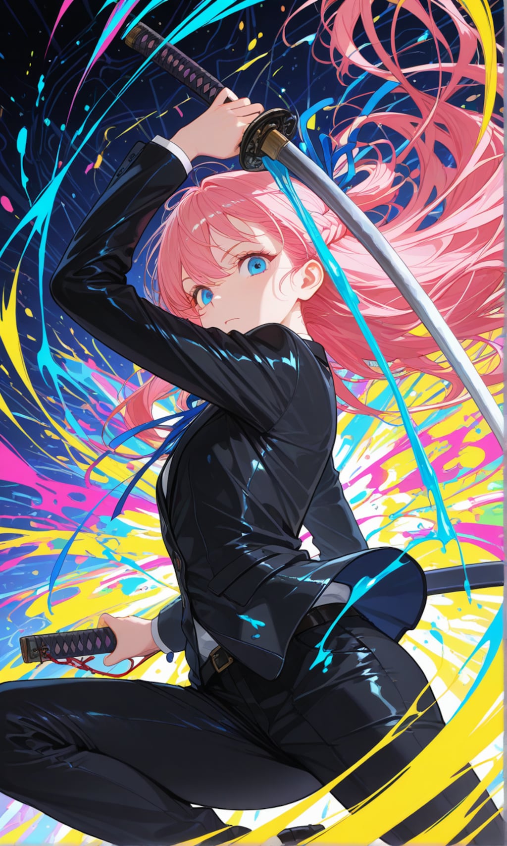 アートっぽい雰囲気で刀と黒服