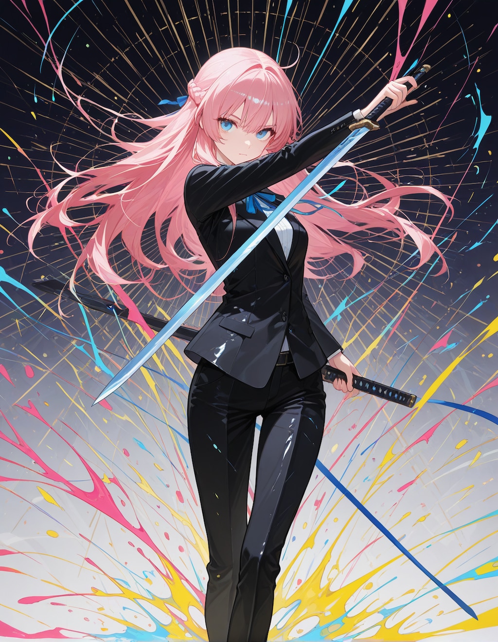 アートっぽい雰囲気で刀と黒服