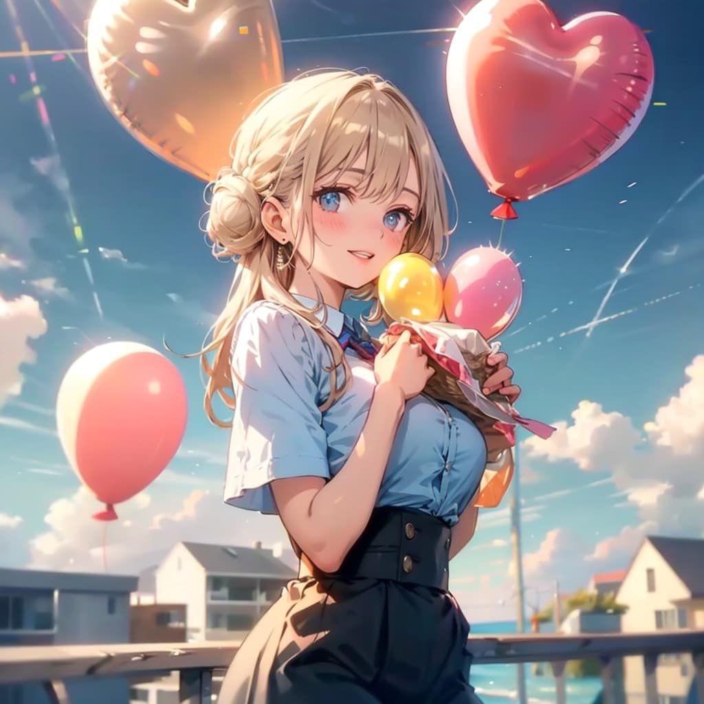 いっぱい色とりどりの風船を持つブロンドお団子ヘアの美女 | の人気AIイラスト・グラビア