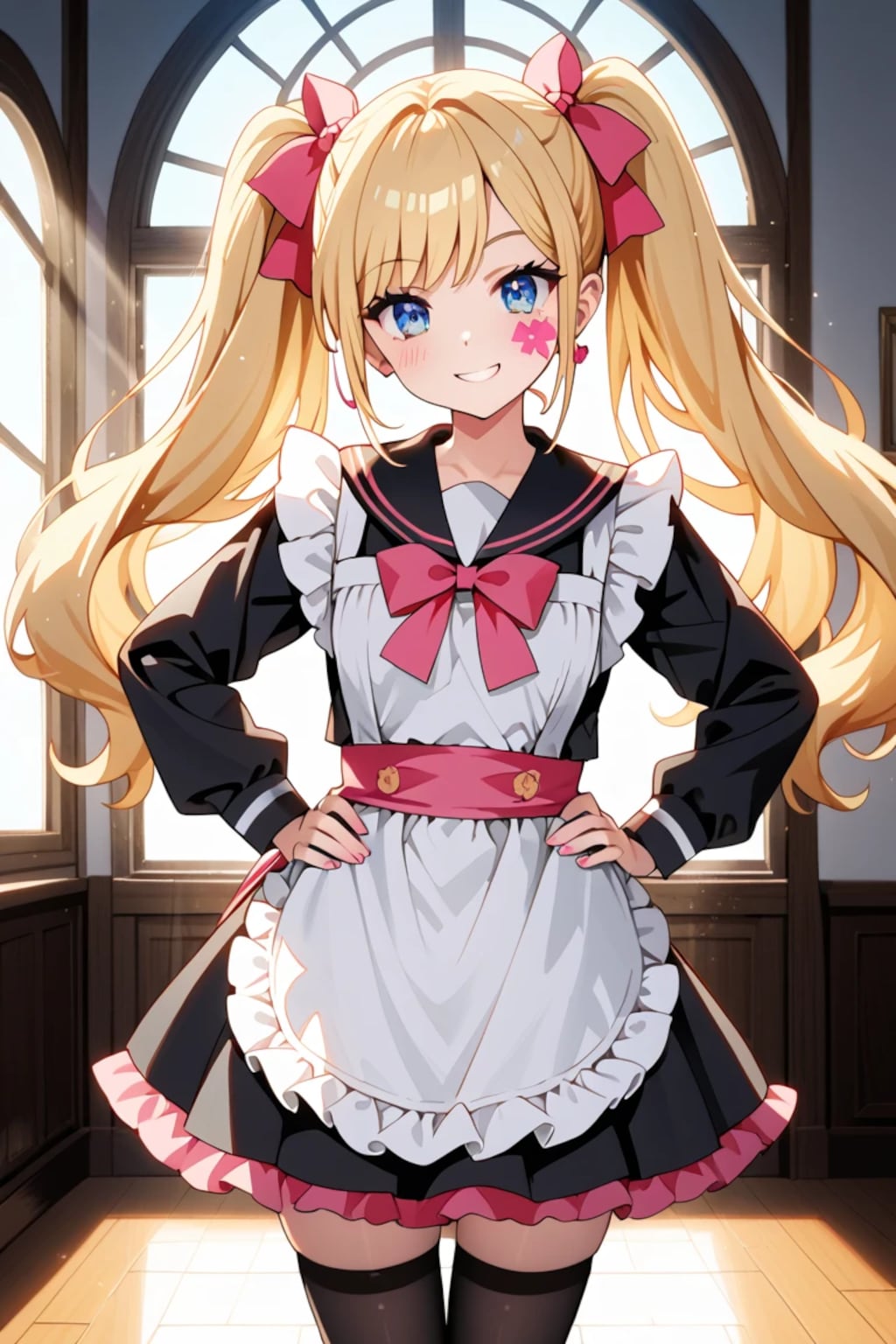 「おかえりなさいませ、ご主人様♡」金髪ツインテメイド莉奈の元気お出迎えポーズ🌸