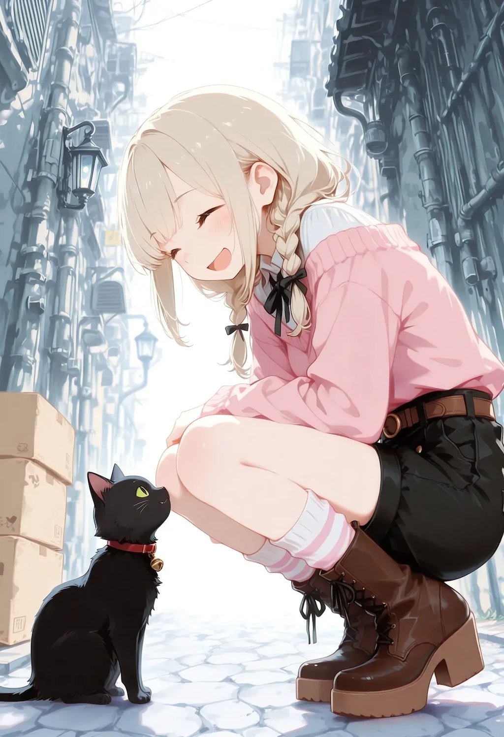 路地裏で人懐っこい黒猫ちゃんと出会った