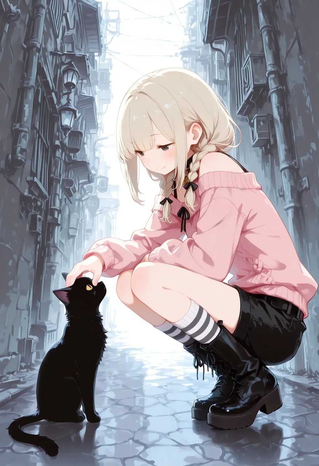 路地裏で人懐っこい黒猫ちゃんと出会った