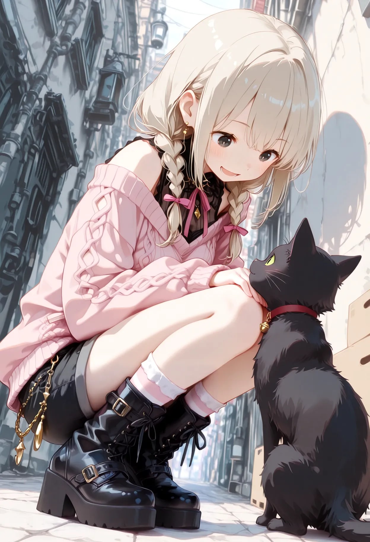 路地裏で人懐っこい黒猫ちゃんと出会った | の人気AIイラスト・グラビア