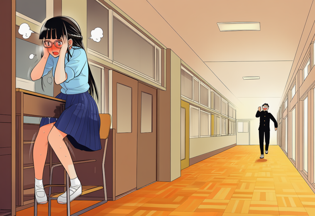 廊下の机（教卓）で角オナに耽ってしまう委員長