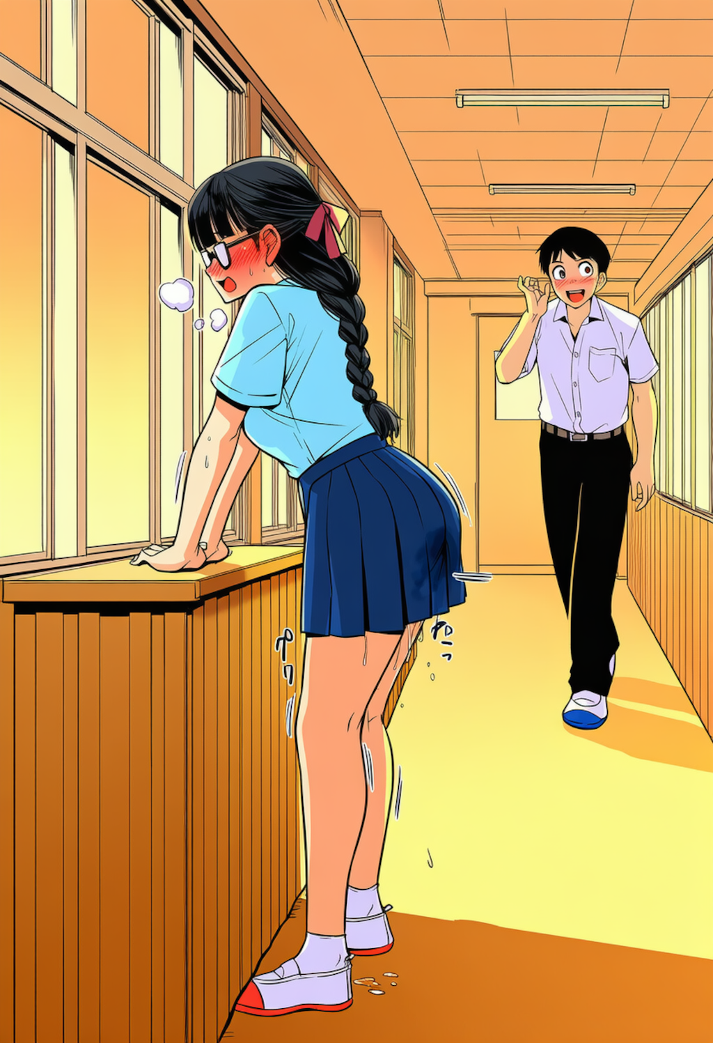 廊下の机（教卓）で角オナに耽ってしまう委員長