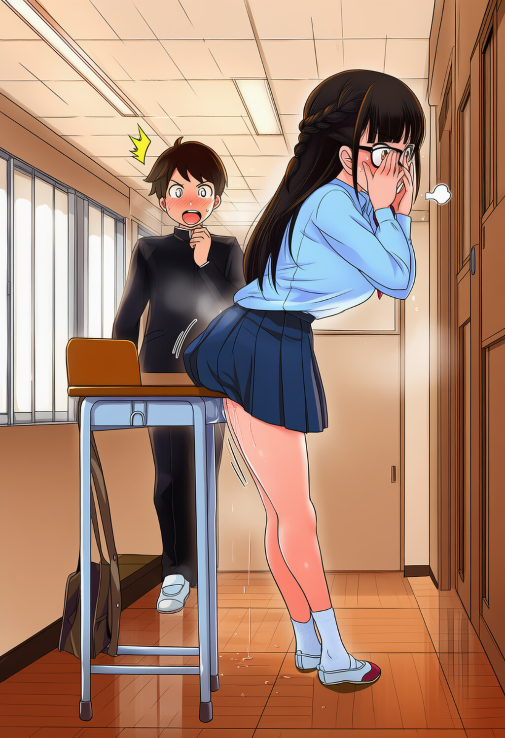 廊下の机（教卓）で角オナに耽ってしまう委員長