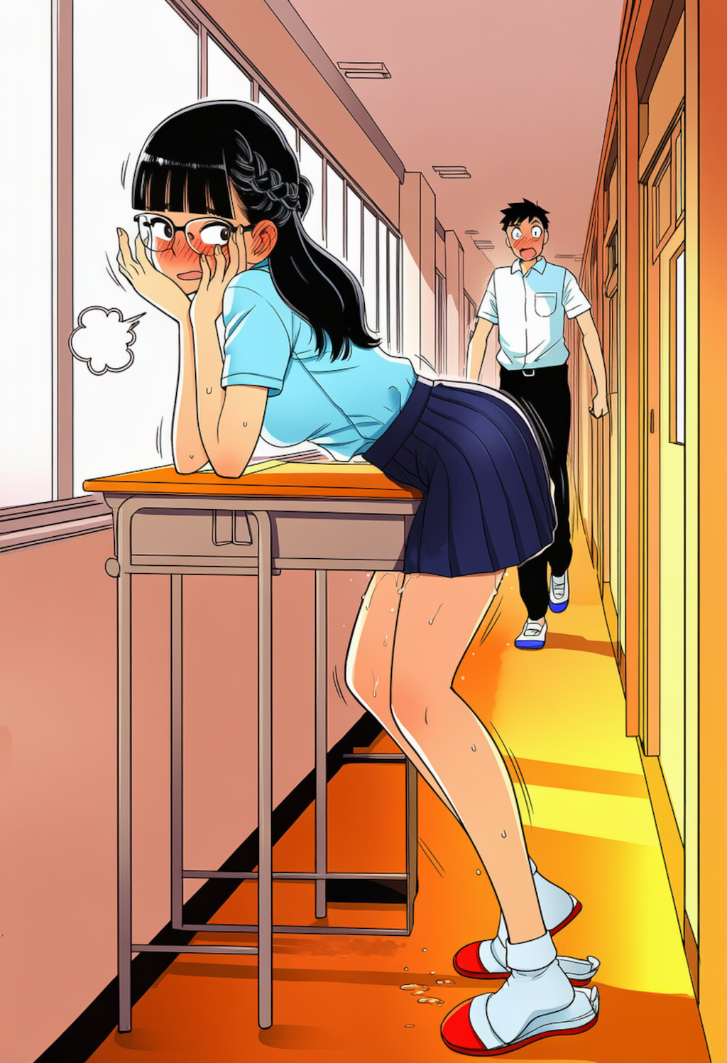 廊下の机（教卓）で角オナに耽ってしまう委員長