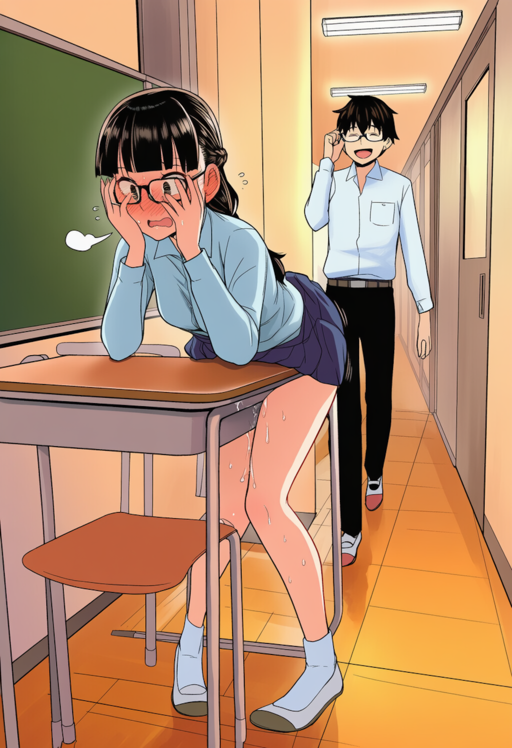 廊下の机（教卓）で角オナに耽ってしまう委員長