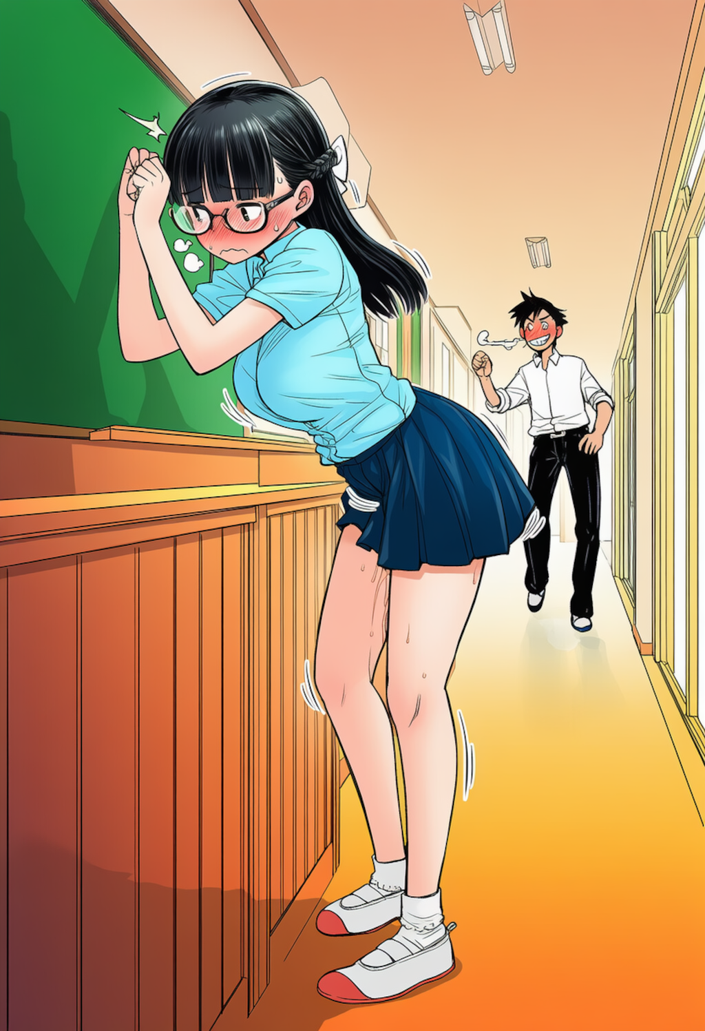 廊下の机（教卓）で角オナに耽ってしまう委員長
