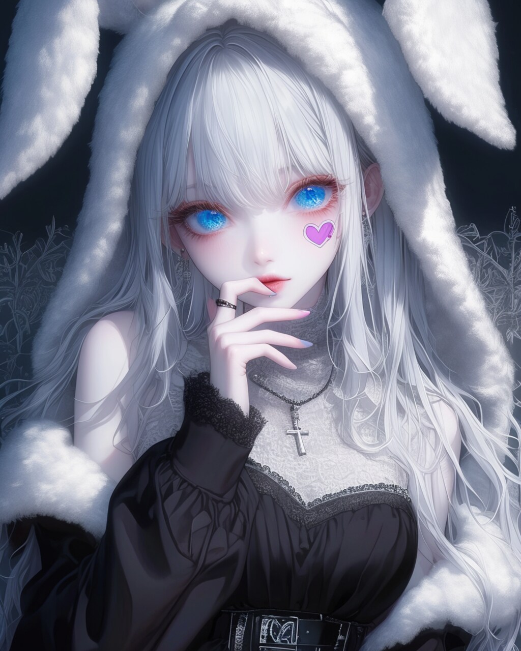 漆黒を纏う白うさ姫――氷色の瞳と頬のハートが誘う、儚くも甘い月夜の幻想