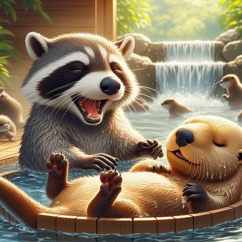 ラッコを洗おうとするアライグマ