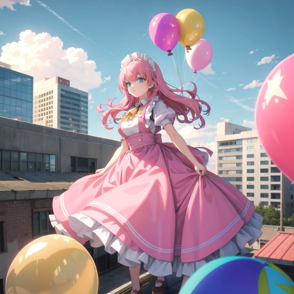 ビルの屋上でいっぱい色とりどりの風船を持つピンク髪ロングのメイド服着た美女
