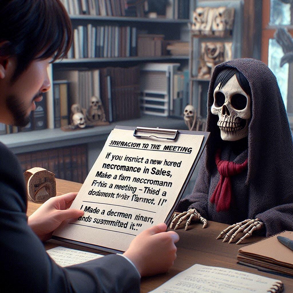 新しく営業で入社したネクロマンサーに「会議の資料を作って」と指示をしたら 【死霊】を作って提出してきました。 これって事件が起きてますよね？