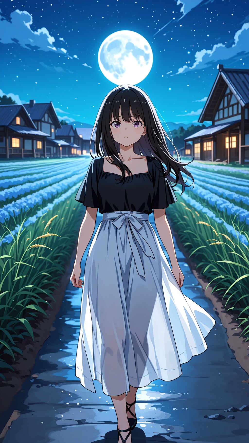 月明かりのあぜ道