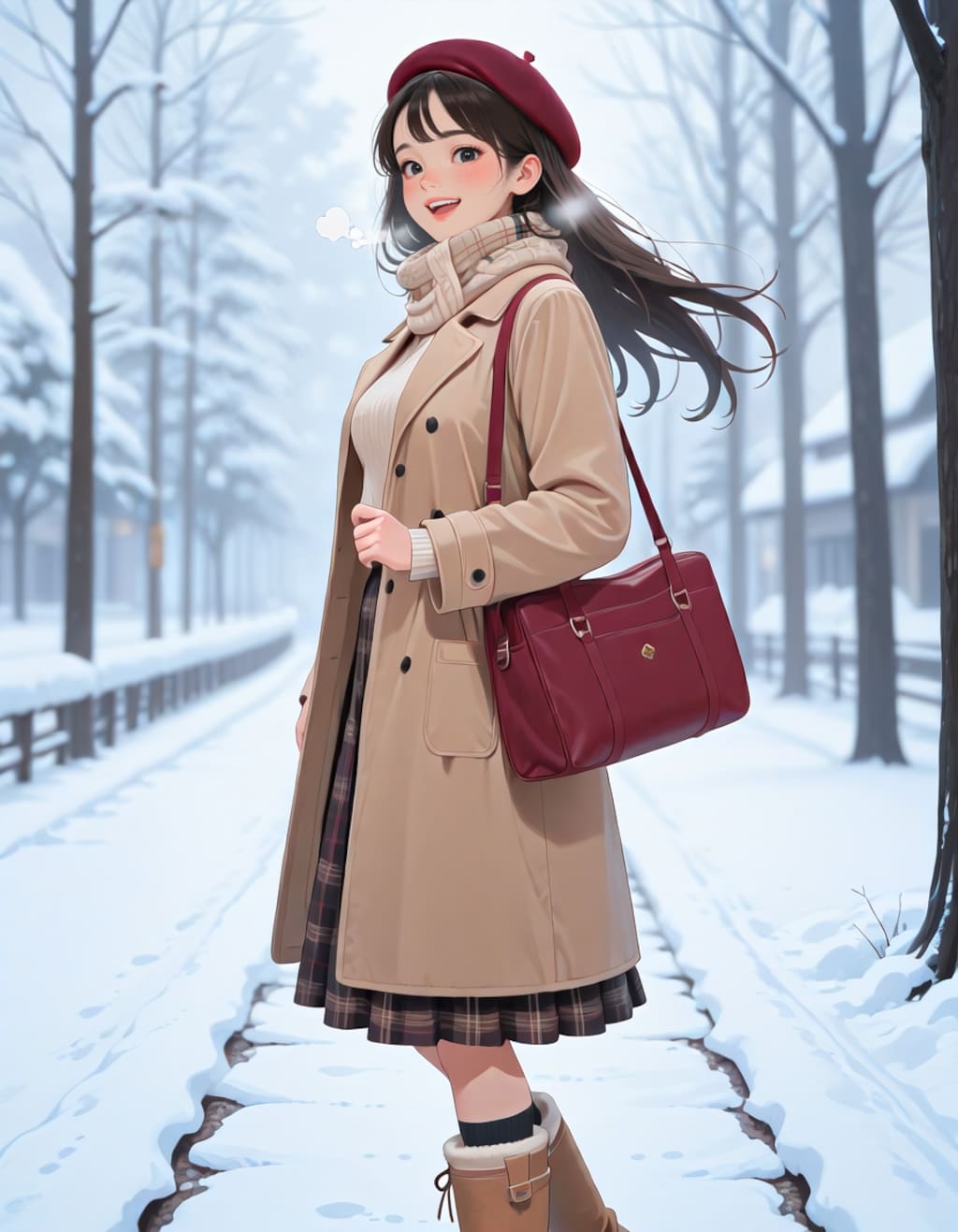 雪の積もった並木道を歩く女子大生（2026ver.）