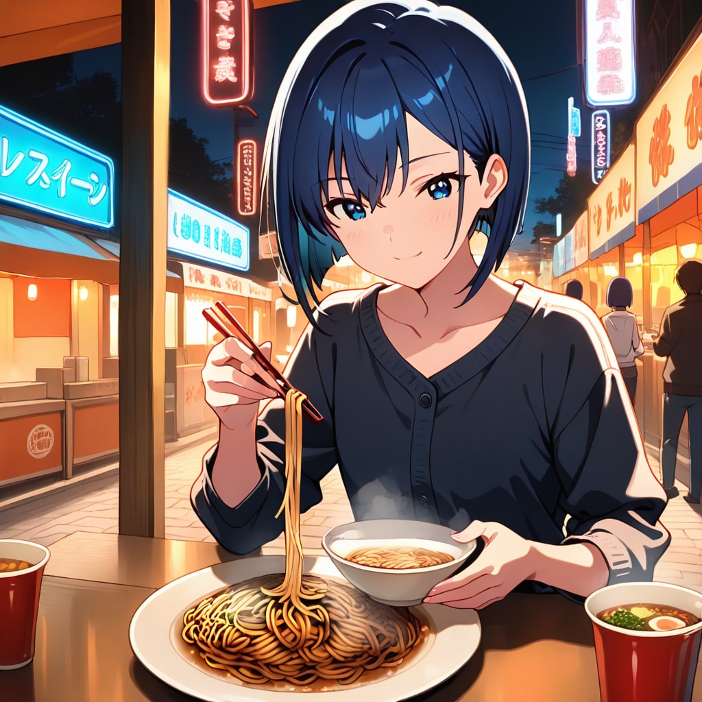 夜の屋台で焼きそばモデル | の人気AIイラスト・グラビア