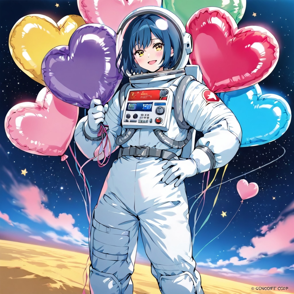 いっぱい色とりどりのハート風船を持つ青い髪ショートカットの宇宙服着た美女 | の人気AIイラスト・グラビア