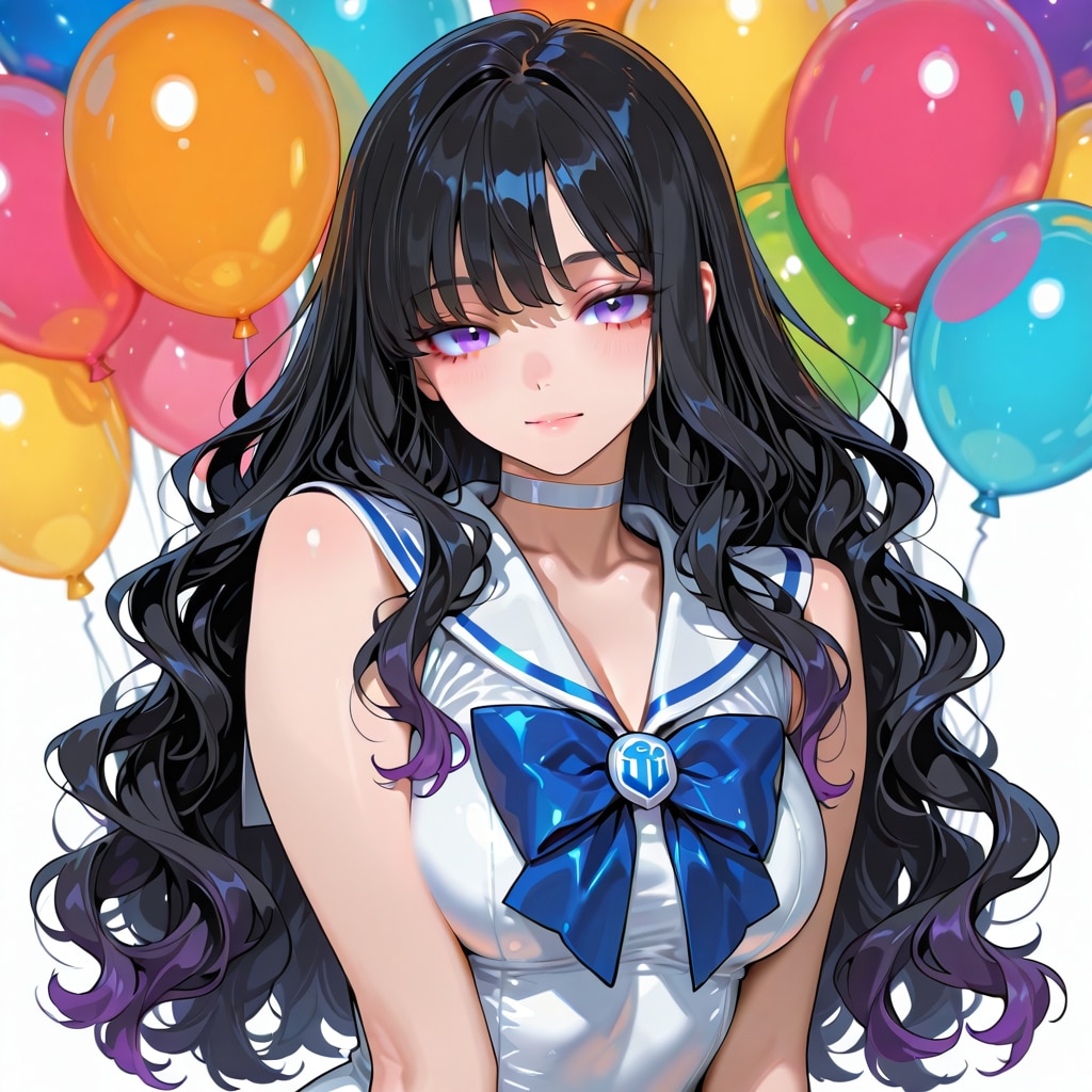 いっぱい色とりどりの風船を持つ黒髪ロングウェーブヘアのセーラー服着た美少女