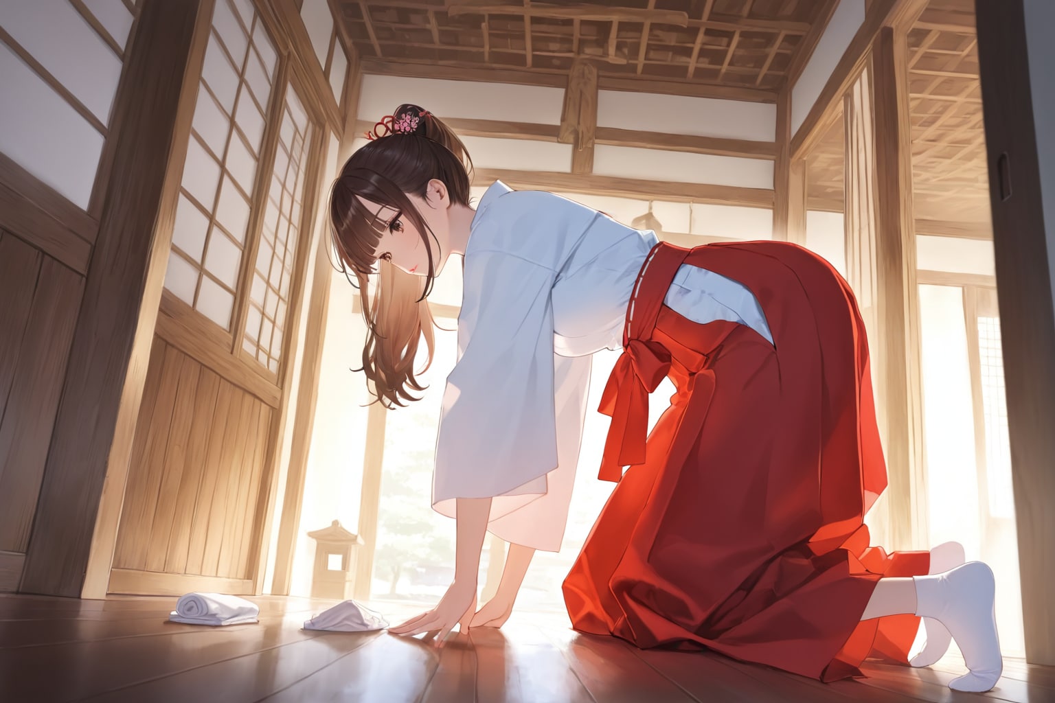 「試作」床拭き掃除中の巫女さん。