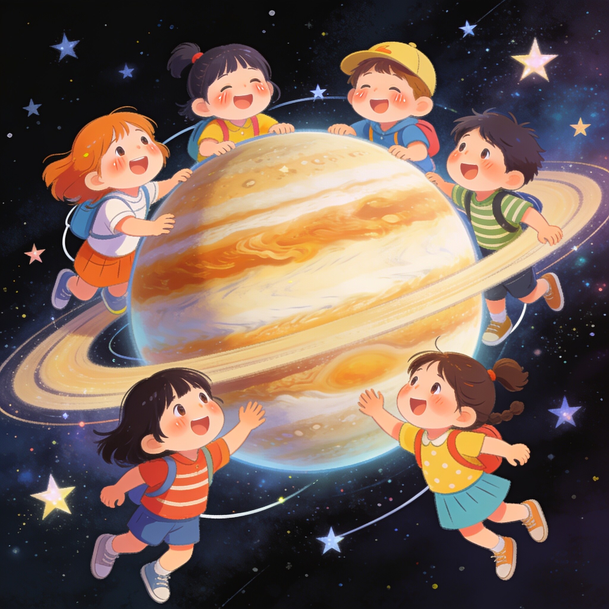 【夢の中で こども達だけの楽しい 宇宙旅行】  こども達は木星に到達 木星とお友達になって仲良しになりみんなで仲良く楽しく遊ぶ | の人気AIイラスト・グラビア