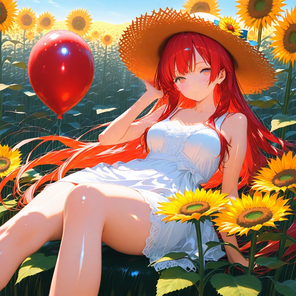 ひまわり畑で赤い風船を持つ赤い髪ロングの麦わら帽子の美女 | の人気AIイラスト・グラビア