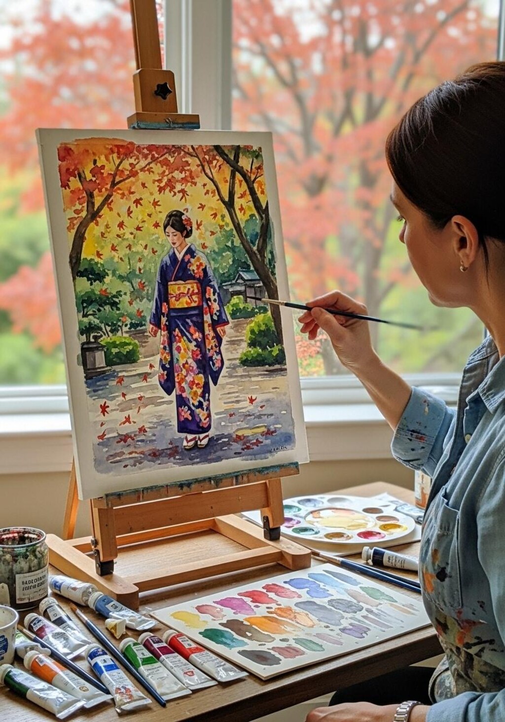 紅葉と着物美人