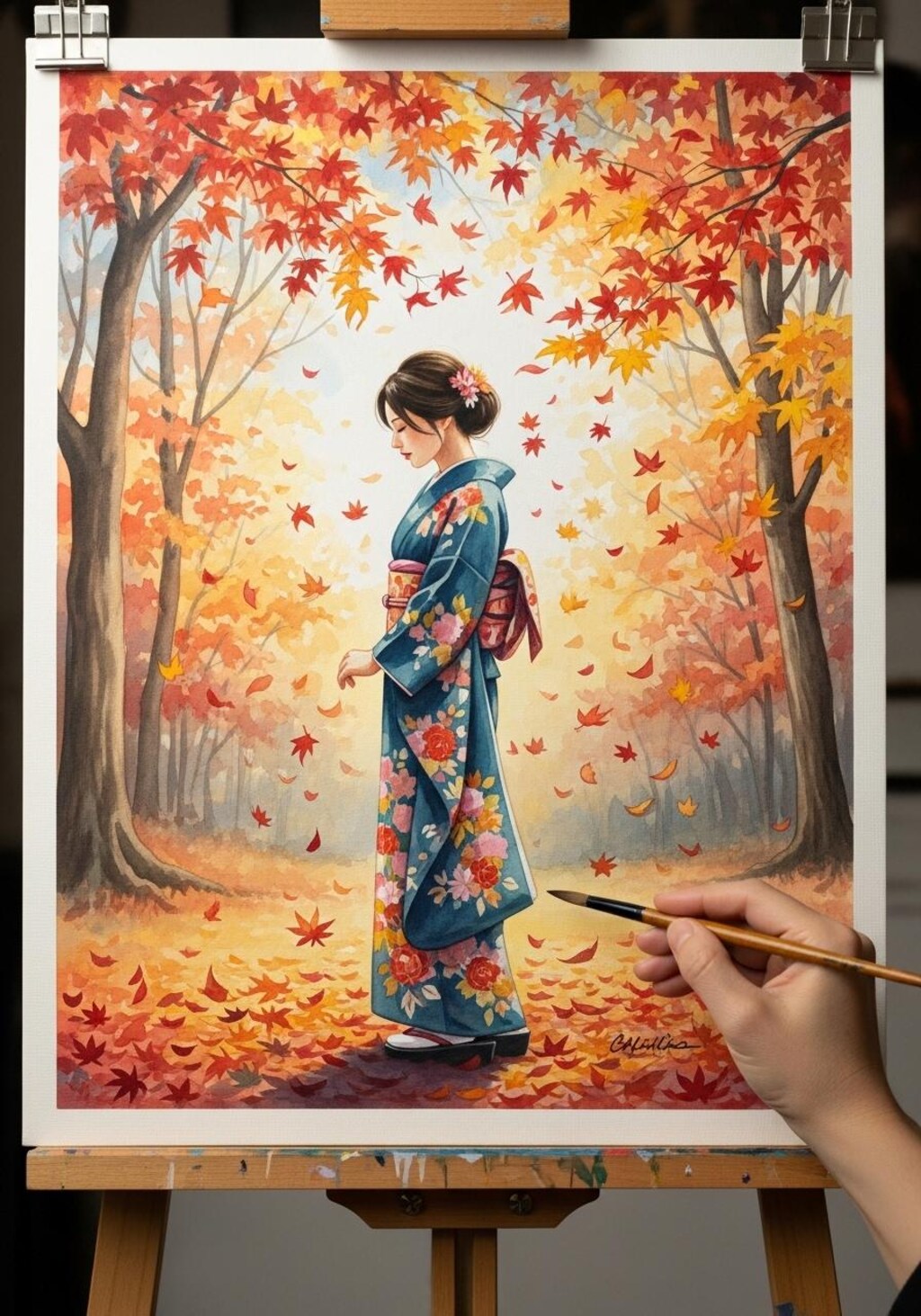 紅葉と着物美人