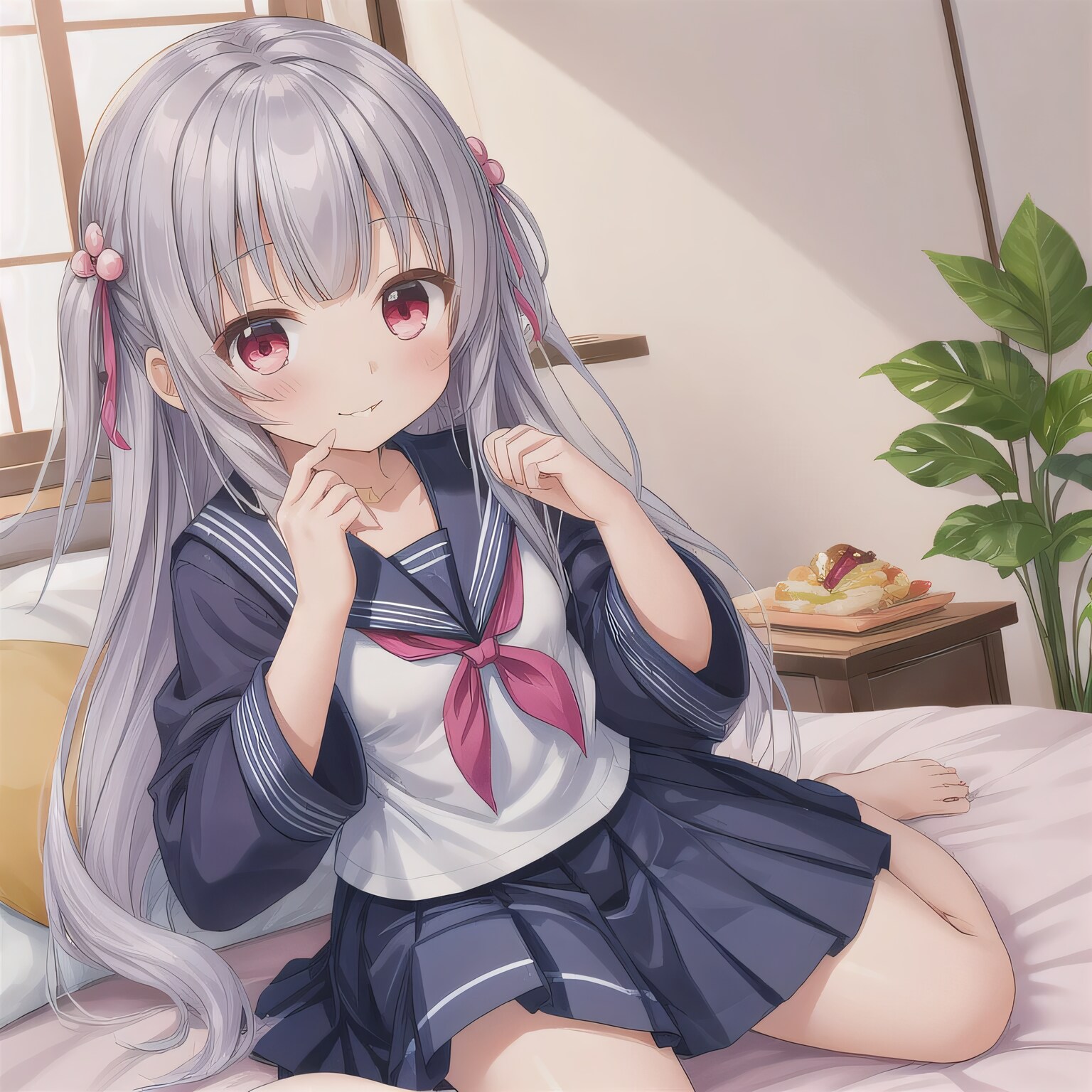 灰髪ロングで寝室の少女５ | の人気AIイラスト・グラビア